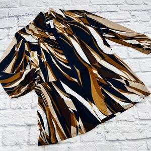 Dressbarn Open Front Cardigan Shirt Blouse Small Brown Blue Geometric Office